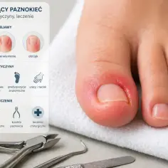 Bolesny, zaczerwieniony palec u nogi z widocznym stanem zapalnym. To objaw wrastającego paznokcia, który może być spowodowany ciasnym obuwiem lub nieprawidłowym obcinaniem.