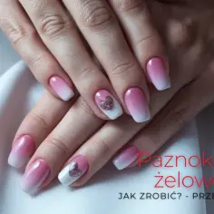 Dłonie z pięknymi paznokciami żelowymi w stylu ombre, zdobione brokatowymi serduszkami.