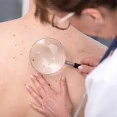 Dermatolog bada plecy pacjenta, używając lupy do oceny licznych pieprzyków.