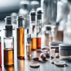 Szklane fiolki z płynami o barwie od czerwonej do bursztynowej, przypominające składniki do produkcji kosmetyków, np. z dodatkiem sodium laureth sulfate.