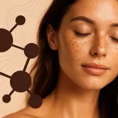 Kobieta z piegami, obok niej schemat cząsteczki, symbolizujący melaninę.