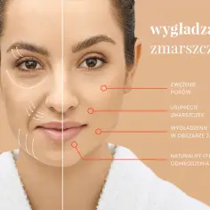 Kobieta przed i po zabiegu wygładzania zmarszczek. Strzałki pokazują poprawę skóry i redukcję zmarszczek.