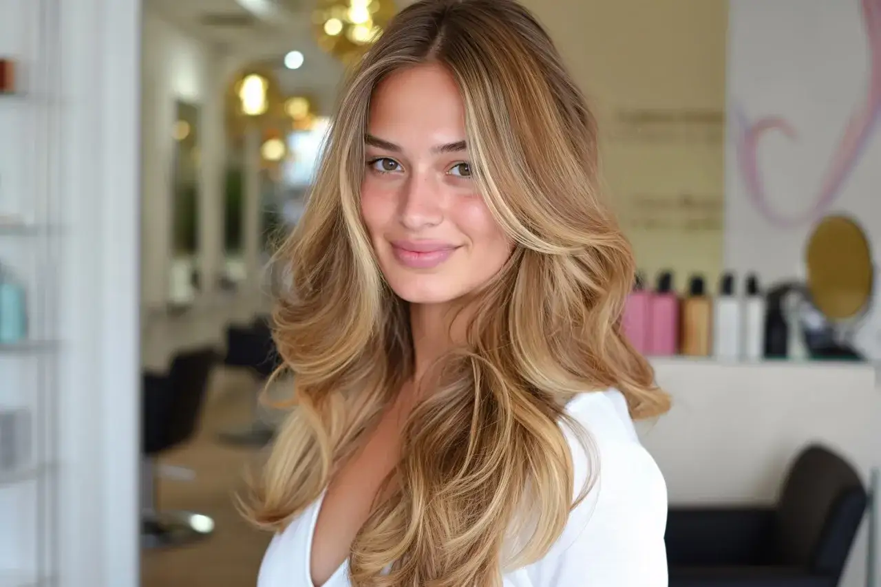 Uśmiechnięta blondynka z fryzurą butterfly cut, z falowanymi włosami w odcieniach blondu i brązu.